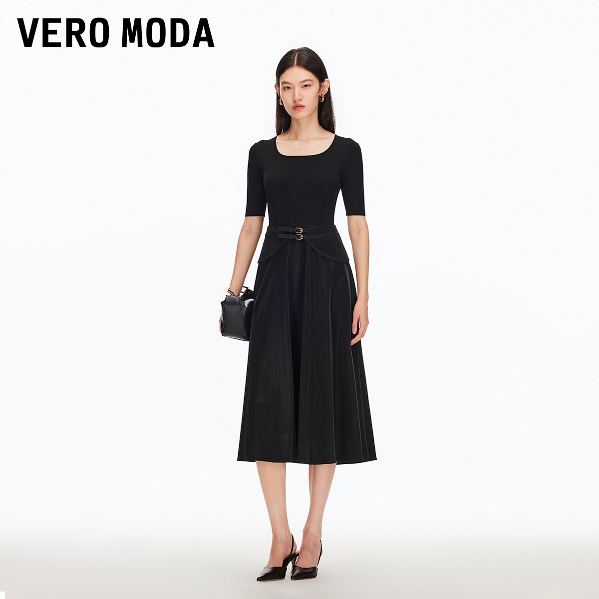 Vero Moda连衣裙2025秋季新款可拆腰封高腰中长裙气质老钱风小众