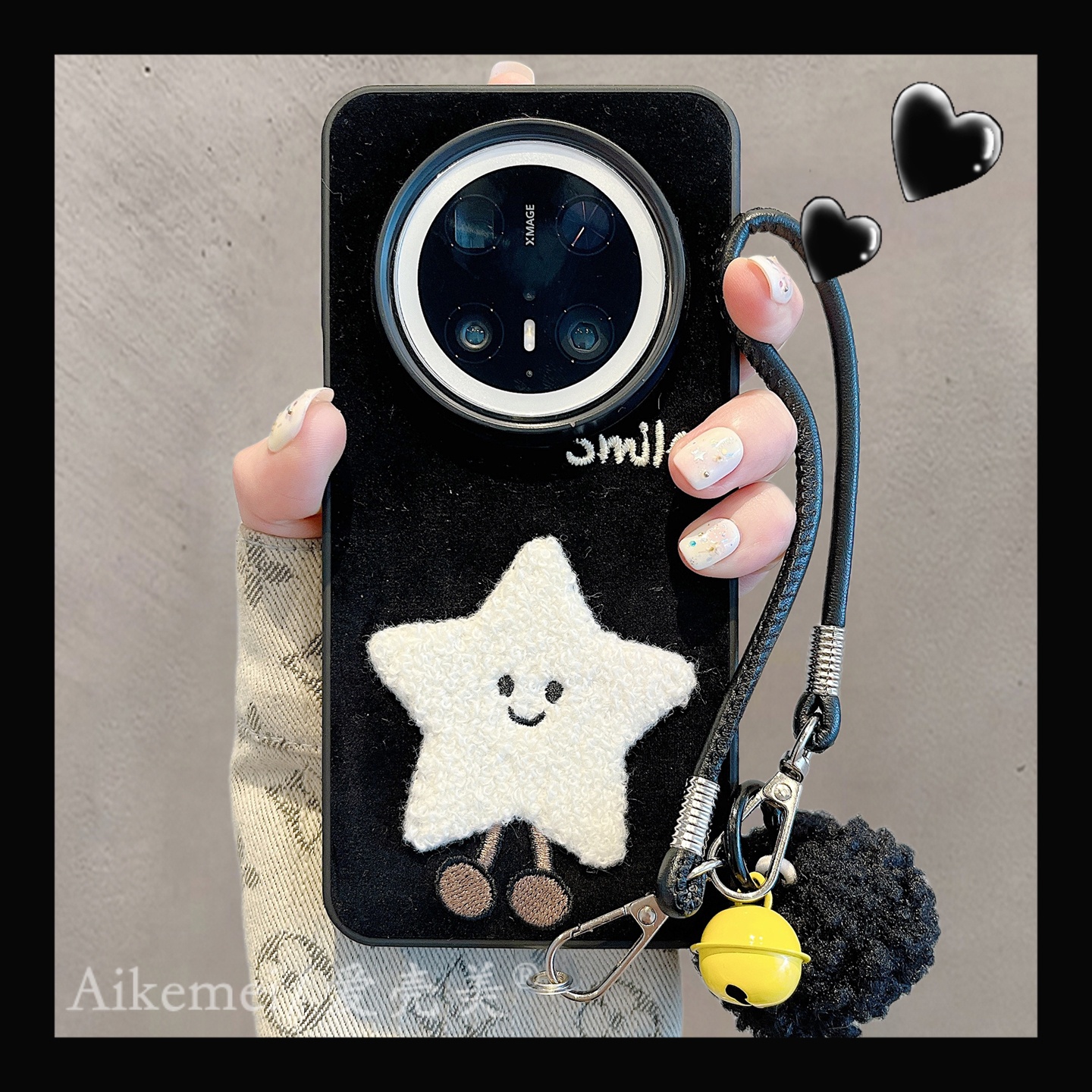适用华为mate70pro+手机壳黑绒布微笑mate60pro+月亮星星铃铛挂绳