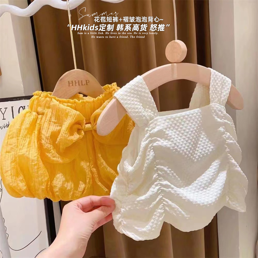 【现货现发】女童压褶洋气背心蝴蝶结灯笼短裤韩版两件套装ETZ624