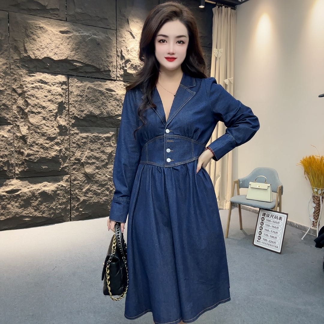 拉链复古秋装蓝色韩版设计感时尚连衣裙牛仔春季X型裙镂空显瘦