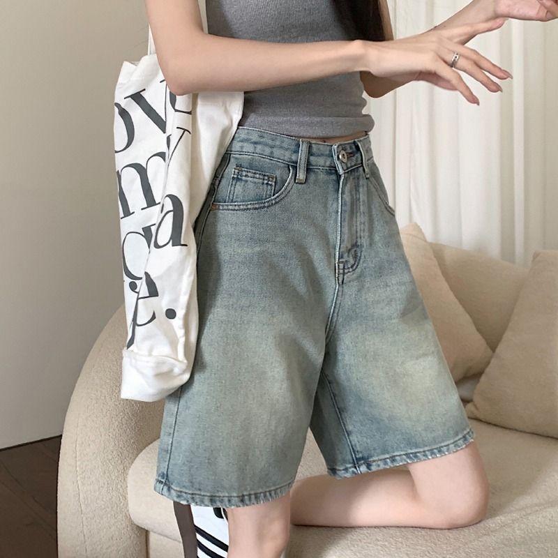复古直筒五分牛仔短裤女2025夏季薄款时尚高腰显瘦宽松阔腿中裤子