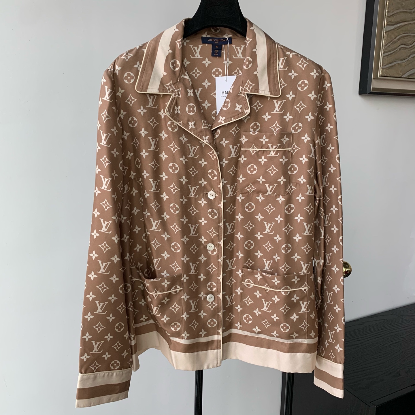 99新 LouisVuitton/路易威登 真丝老花奶茶色长袖衬衣 40码