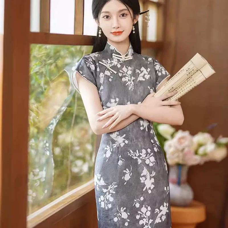 特价！高级灰改良半开襟旗袍复古文艺风老上海气质传统旗袍