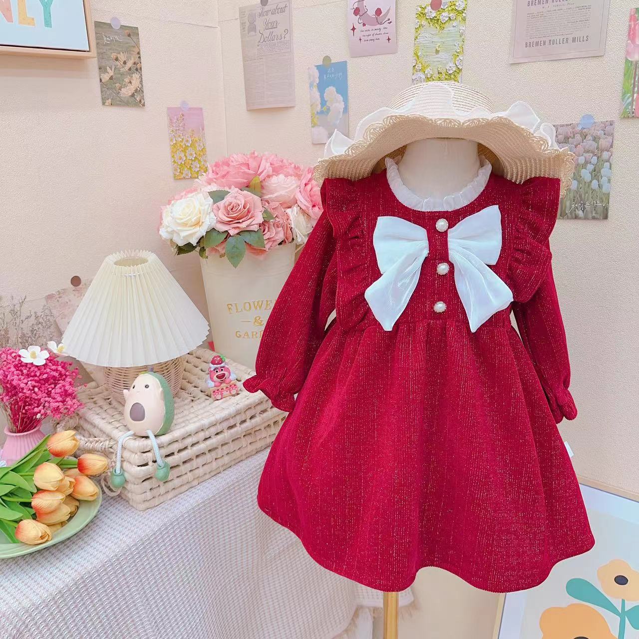 Dany.rabbit 秋款新款女童时髦公主风蝴蝶结雪尼尔连衣裙.D-M56