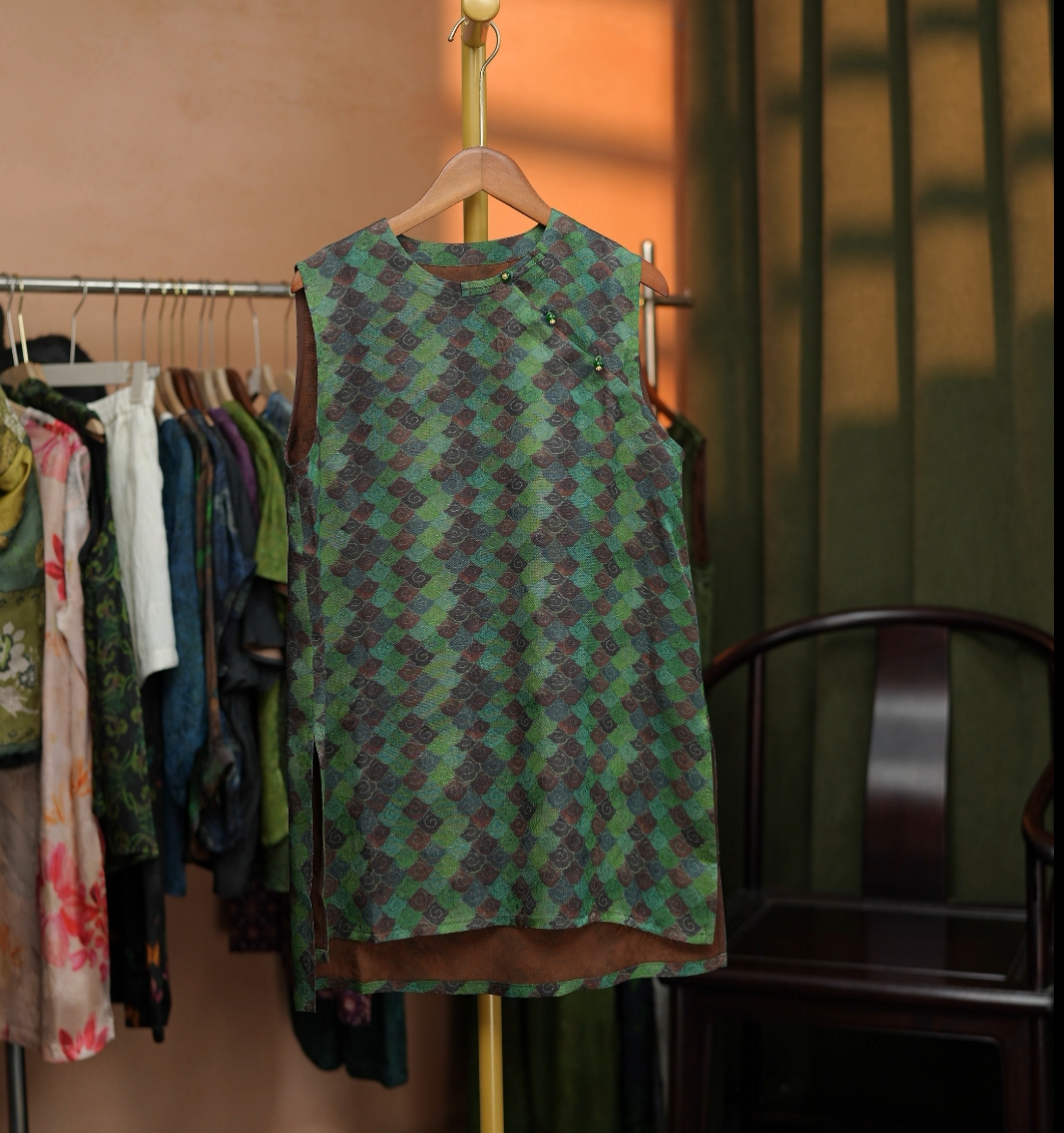 {晚乔}国风女士奥黛中长款无袖薄款款上衣宽松复古休闲提花半裙