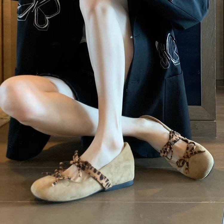 复古单鞋女2025新款绒面圆头浅口豹纹蝴蝶结内增高玛丽珍芭蕾舞鞋