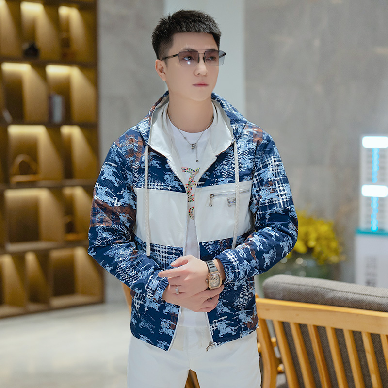 2025春季个性潮流印花拼接百搭夹克男休闲帅气修身短款连帽外套