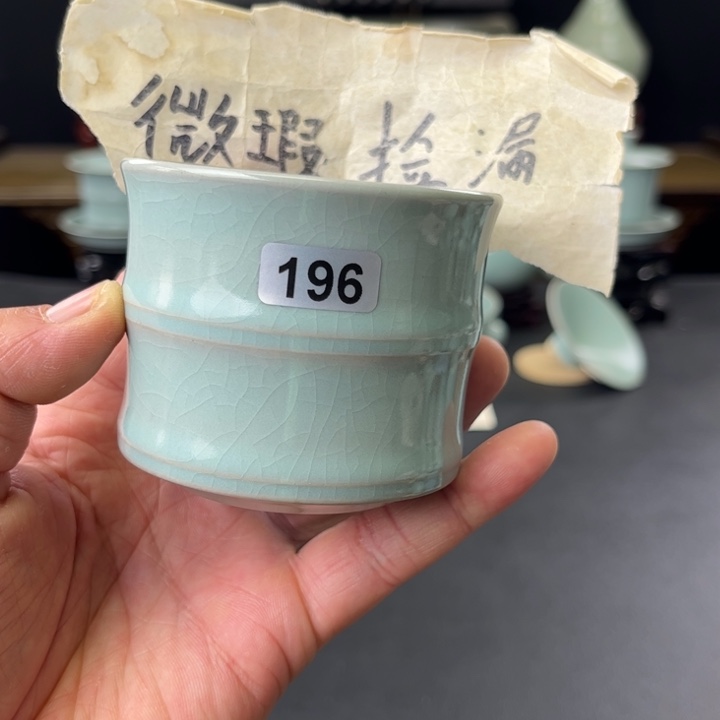 杯仿古釉汝官窑竹节杯196号微瑕捡漏