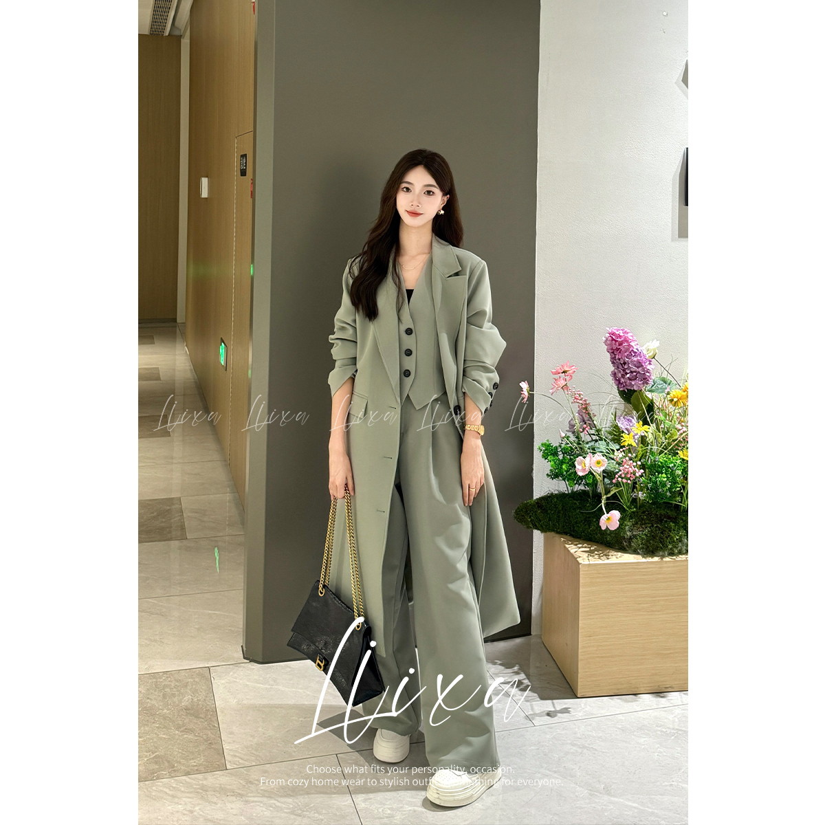 Liixu高级感西装大牌单排扣长款西装阔腿裤三件套XZ1316