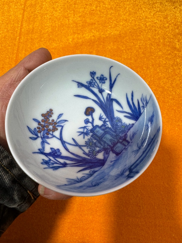 景德镇陶瓷青花斗彩兰花普耳杯