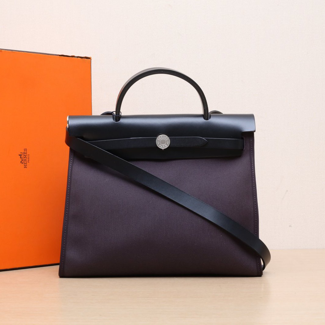 99新 Hermes/爱马仕 攀攀 Herbag 31 黑色拼茄子紫 帆布牛皮 Y刻 