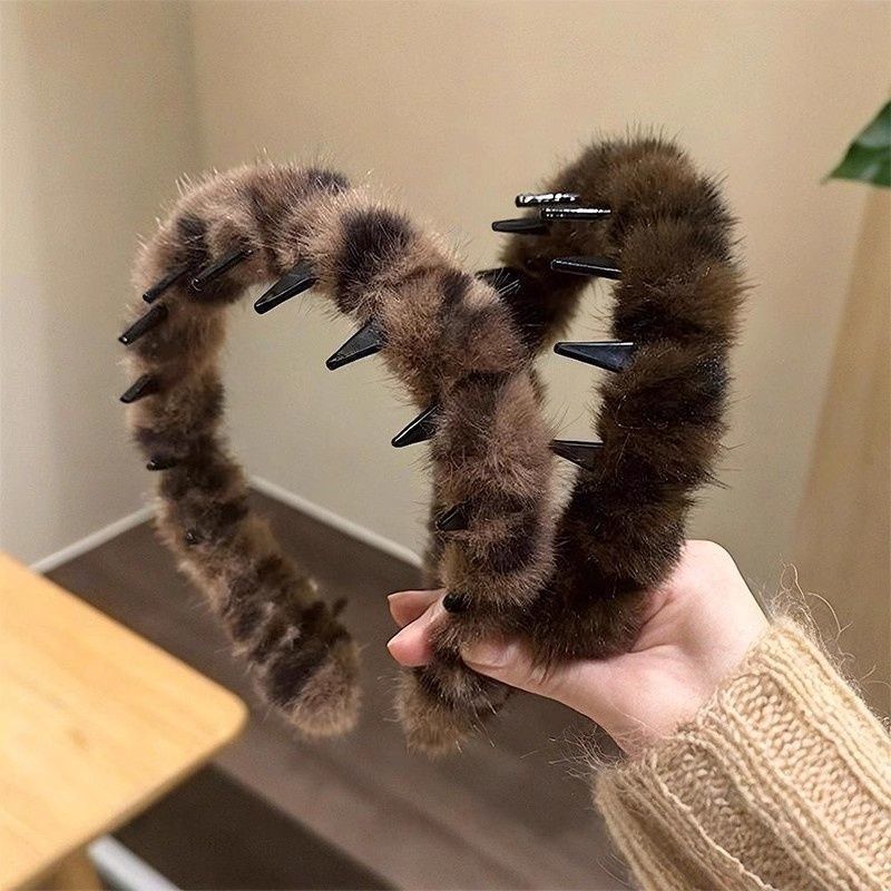 韩系网红时尚豹纹毛绒反向发箍女高颅顶波浪头箍防滑带齿洗脸发卡