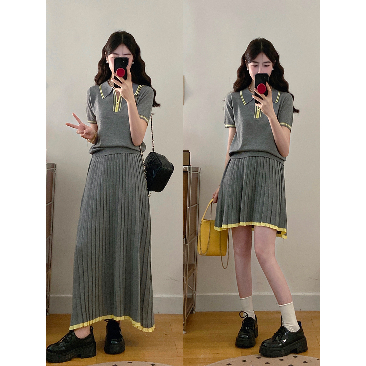 大码女装假日漫游简约百搭减龄撞色仿天丝假两件上衣半裙套装