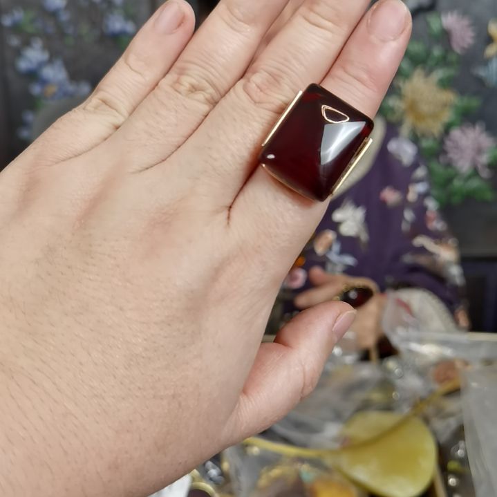 琥珀戒指银S925镀金镶嵌