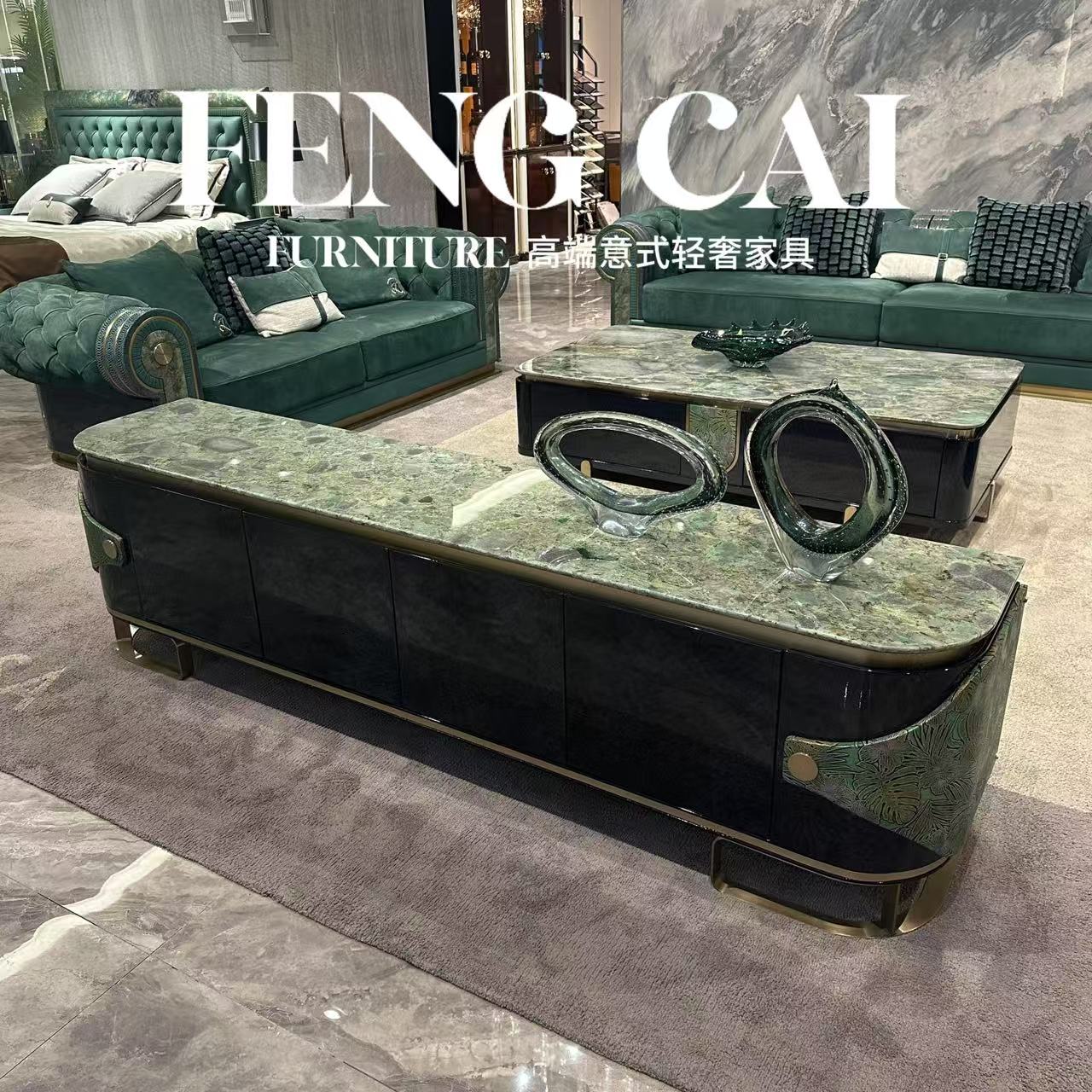 家大业大意式轻奢祖母绿奢石电视柜别墅大平层豪宅2230*455*540