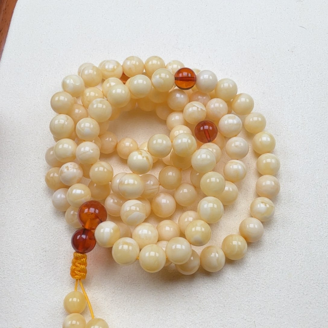 手链蜜蜡未镶嵌8.7mm俄料浓白蜡108佛珠