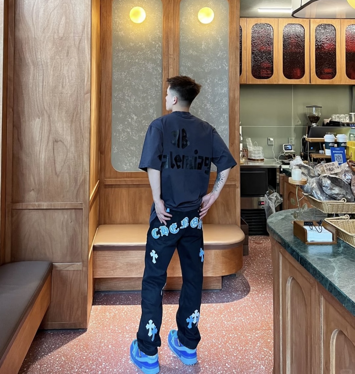 【西塔】新款街头潮牌十字架印花中腰宽松直筒男女直筒轻奢牛仔裤