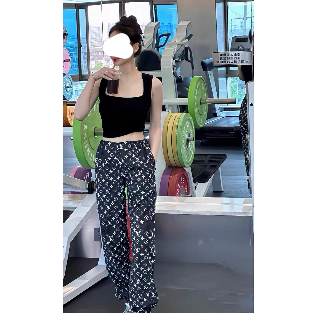 未使用 LouisVuitton/路易威登 000843 黑色锦纶老花慢跑裤34码