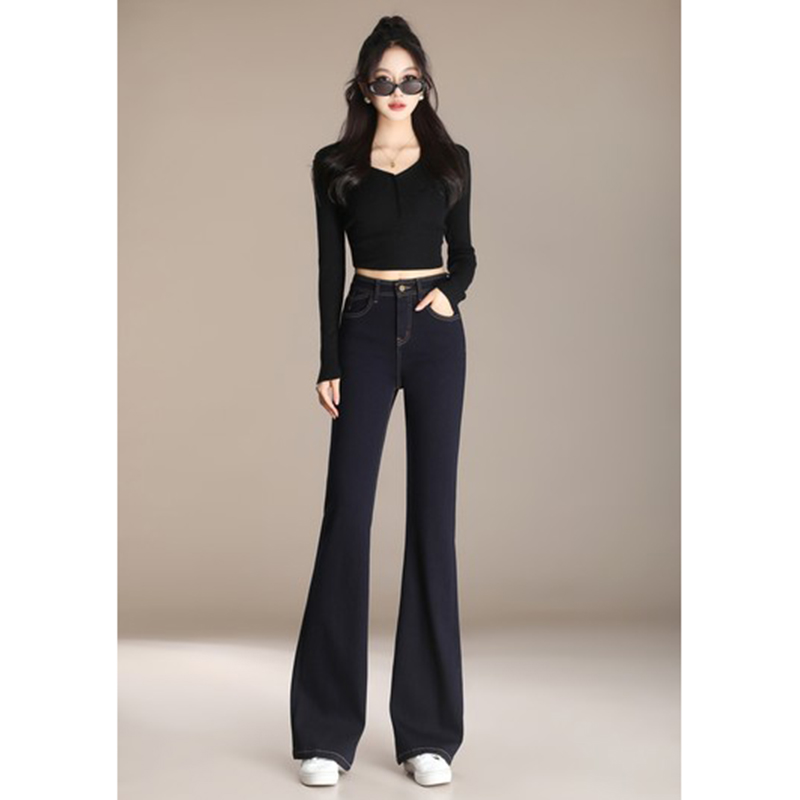 工厂原创原色丹宁雅丹加绒高腰微喇牛仔女裤修身保暖不掉色998