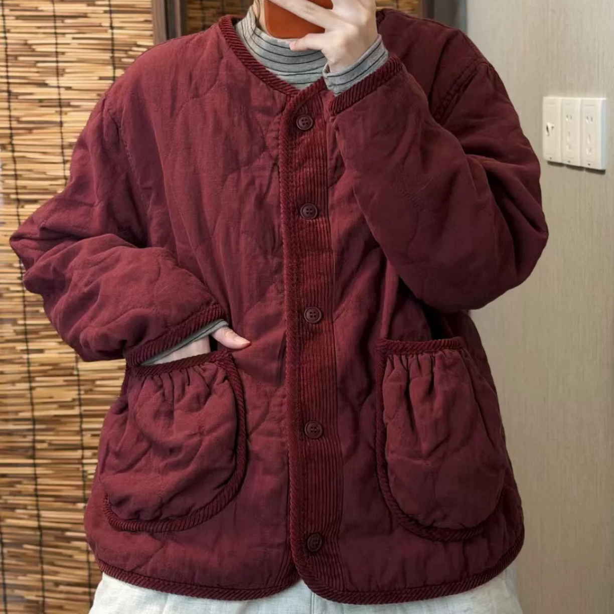 9671亚麻条绒拼接手工压花夹棉厚墩墩棉衣外套（衣长62-68胸围130）