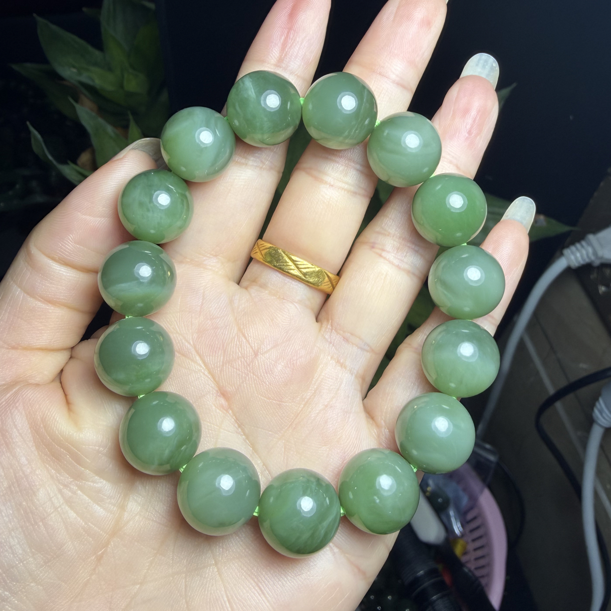 和田玉碧玉猫眼手串14mm