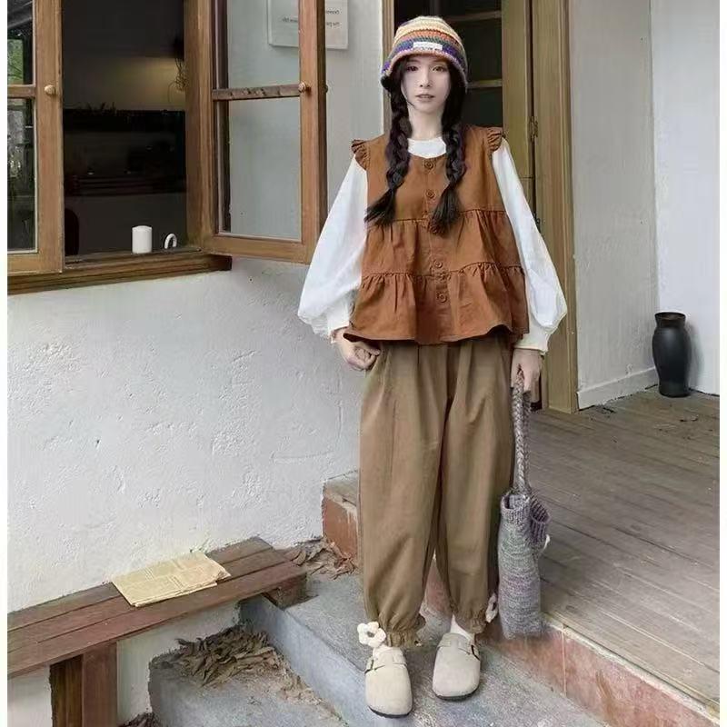 大码女装2024胖妹妹秋季显瘦三件套韩版拼接衬衫+马甲+休闲花苞裤