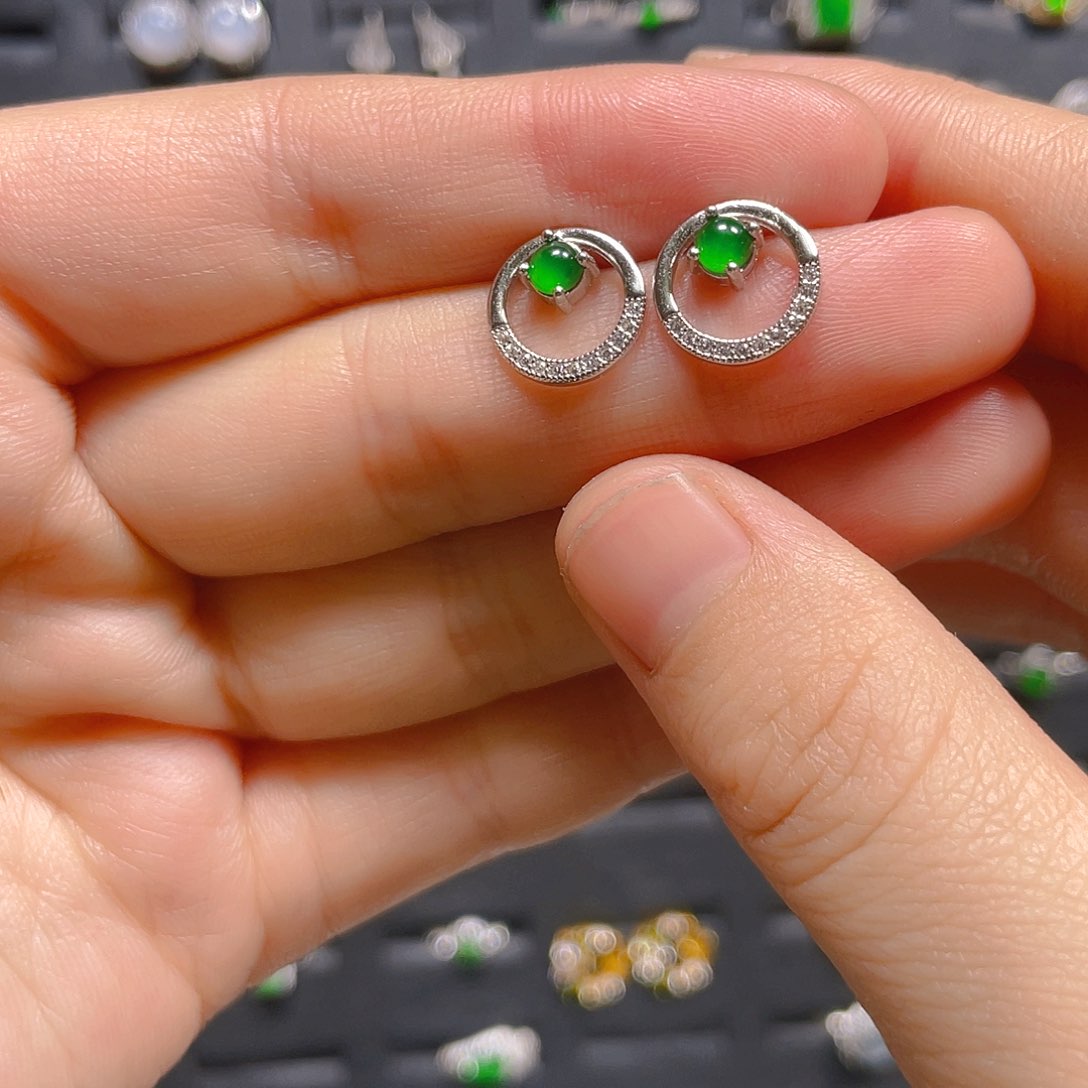 翡翠戒指银S925镶嵌耳钉