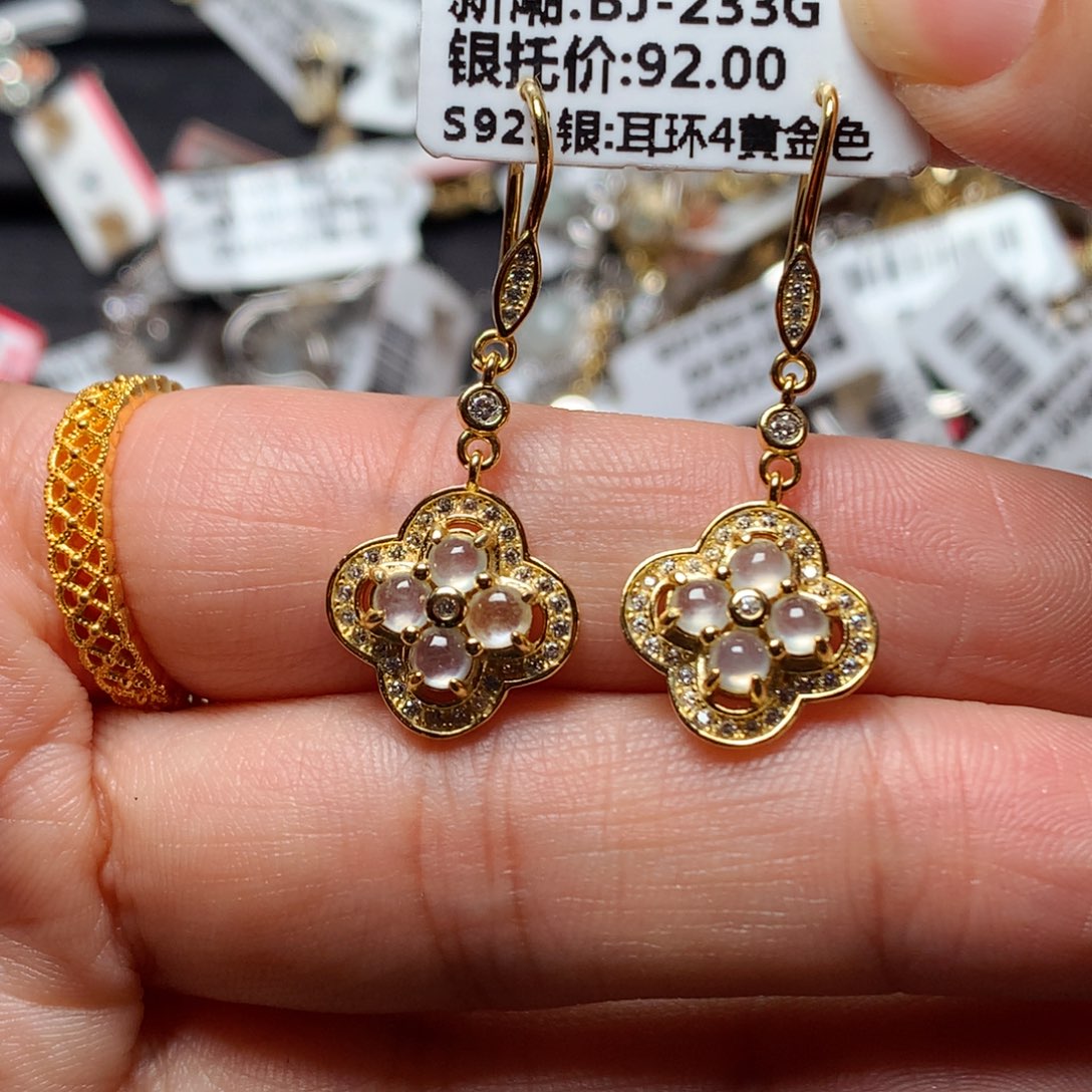 翡翠戒指银S925镶嵌天然翡翠耳饰