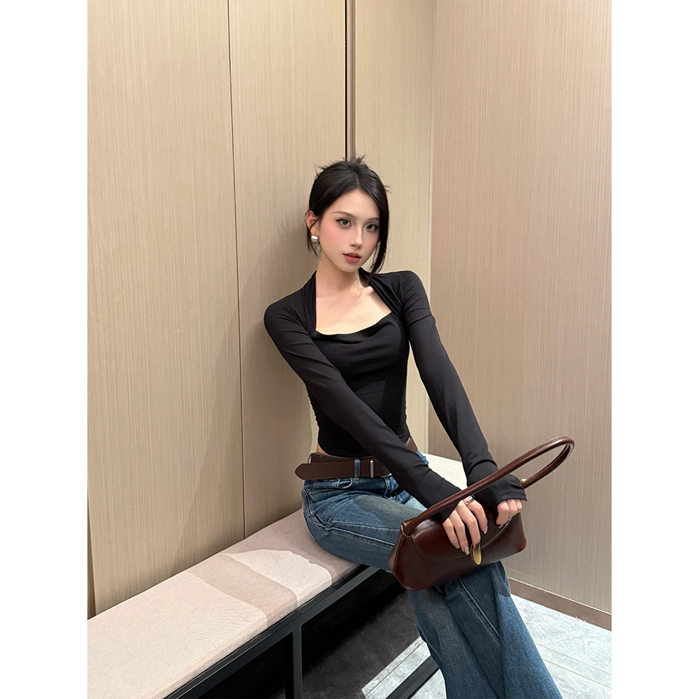  鲸屿WhaleT恤女2025秋冬季新款辣妹显瘦收腰长袖T纯欲风性感百搭