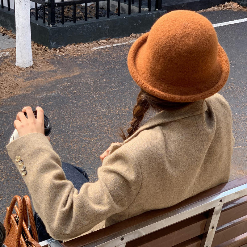 韩版卷边羊毛渔夫帽女秋冬高级感优雅帽子显脸小礼帽圆顶休闲盆帽