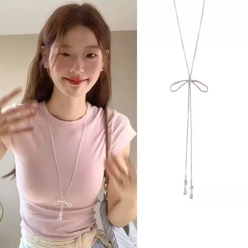 铜合金吊坠 1117 蝴蝶结抽拉项链女简约ins冷淡风长款韩系