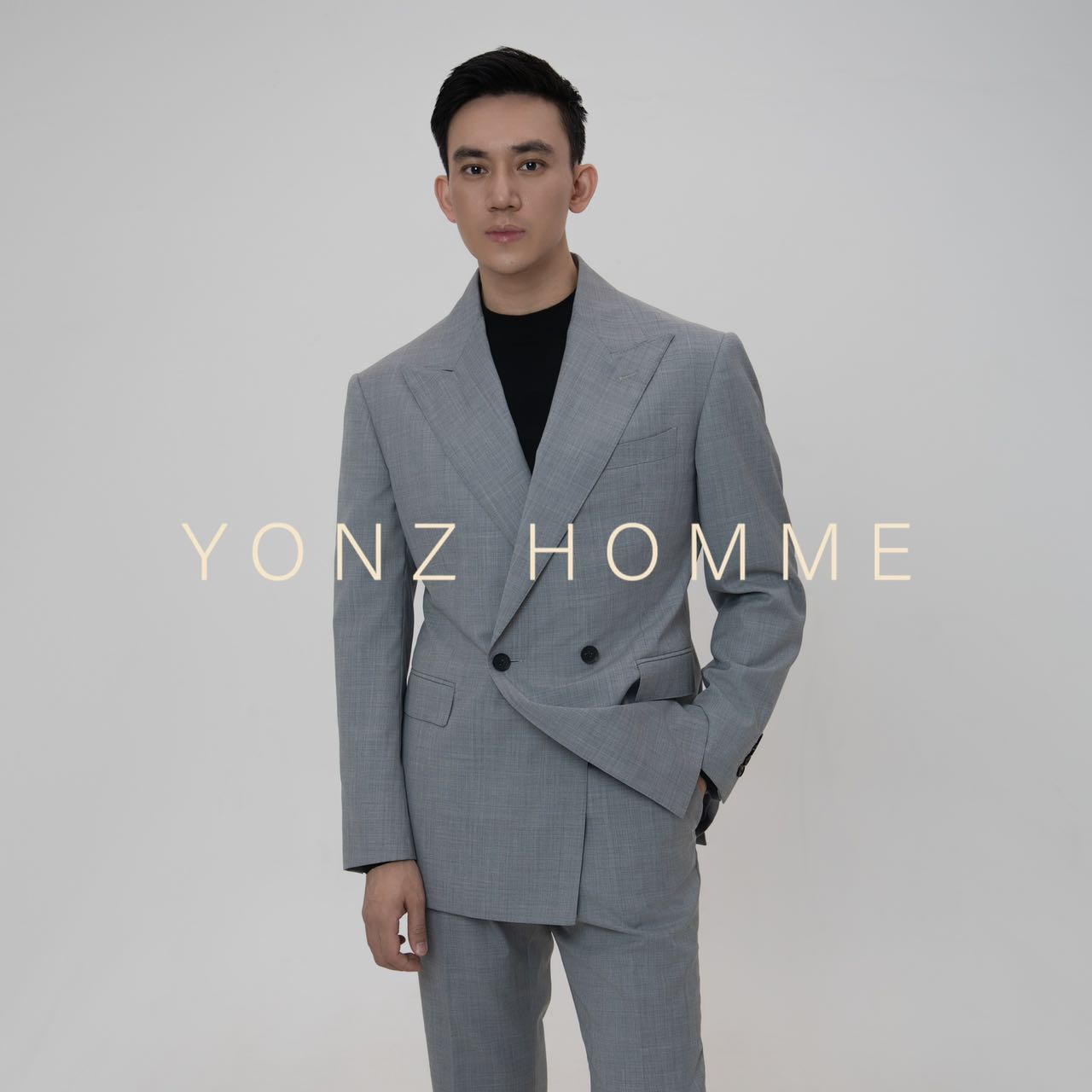 YONZ HOMME浅灰色双排两粒扣羊毛西装西服套装正装