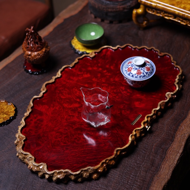 55-32-2.5 缅甸黄金樟干泡茶盘家用缅花满榴花茶具整块实木托盘