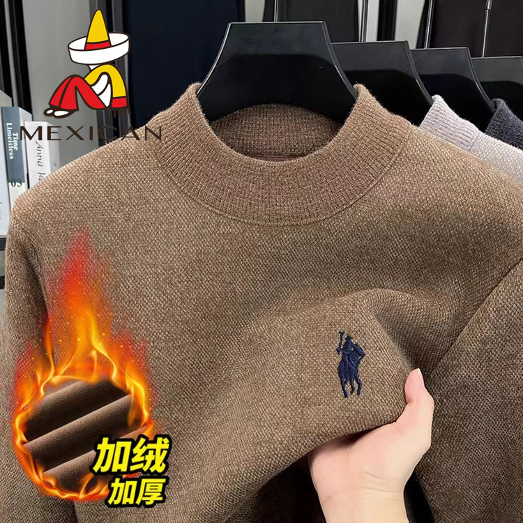 稻草人时尚半高领男士冬季新款加绒加厚保暖百搭长袖针织衫上衣男