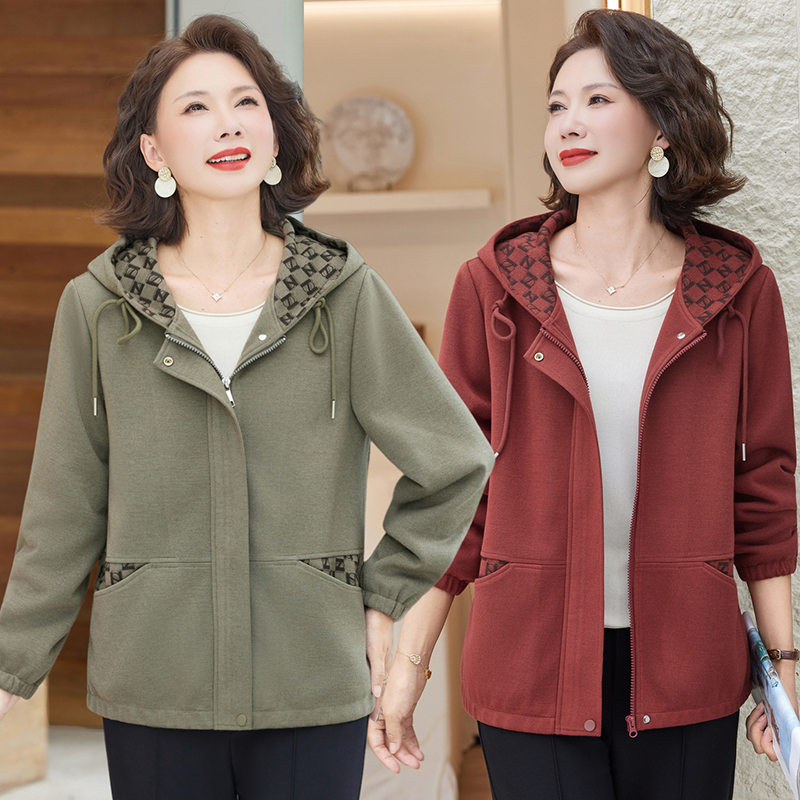 9173中年妈妈秋装休闲连帽外套新款中老年女装春秋洋气夹克衫上衣