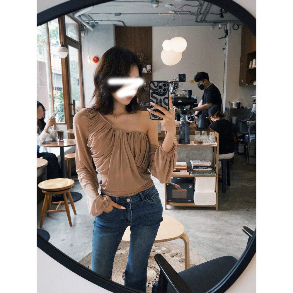 美式辣妹网纱斜肩显瘦百搭露肩上衣女春夏新款小众设计感露腰T恤
