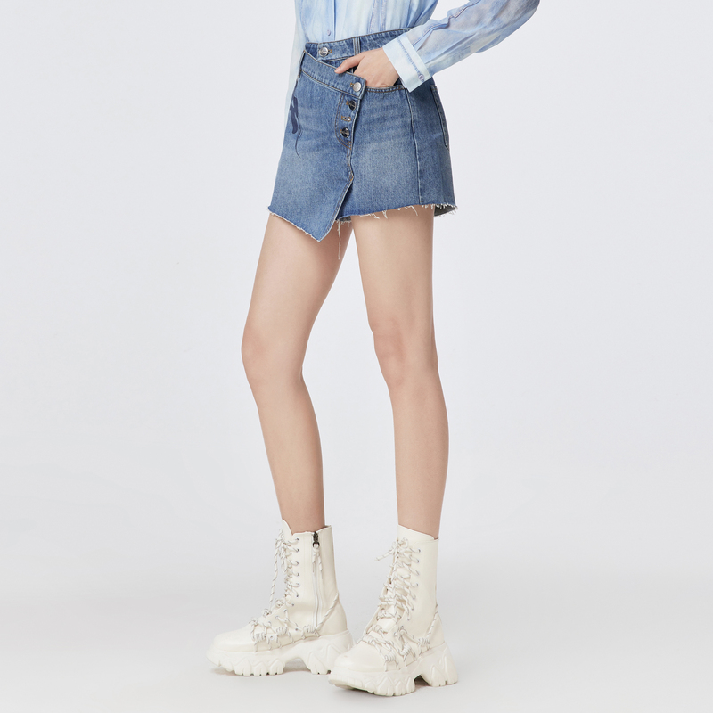 H.GENTEEL荷高23年新款夏装女印花不规则下摆牛仔裤裙GCD21720555