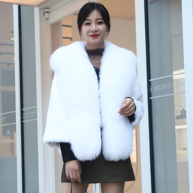 女士水貂整貂皮草斗篷外套狐狸毛领蝙蝠袖休闲短款