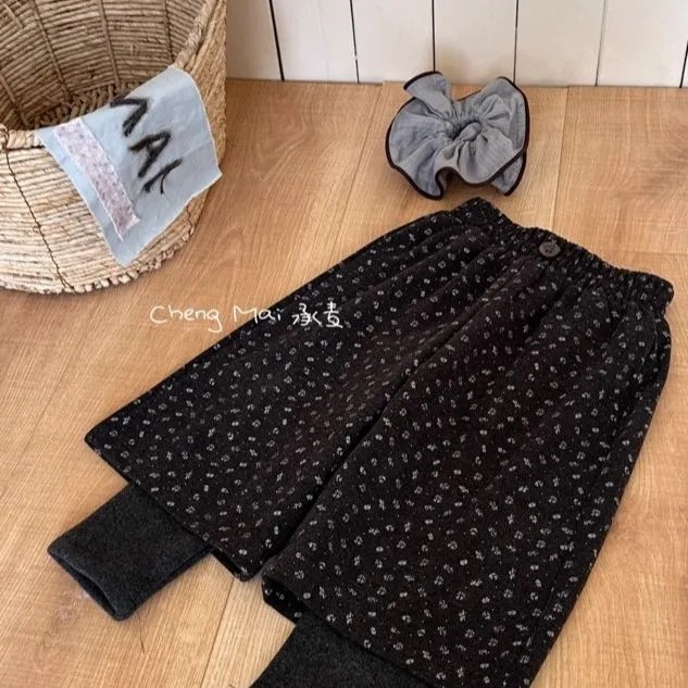 韩版女童休闲裤2025秋冬新款碎花假两件加绒裤子奥粒绒超厚洋气