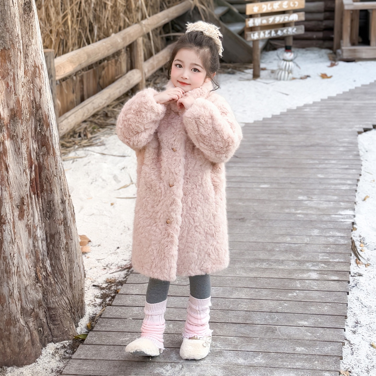 秋冬女童仿皮草大衣长款保暖儿童粉色毛毛外套仿小湖羊韩版新款
