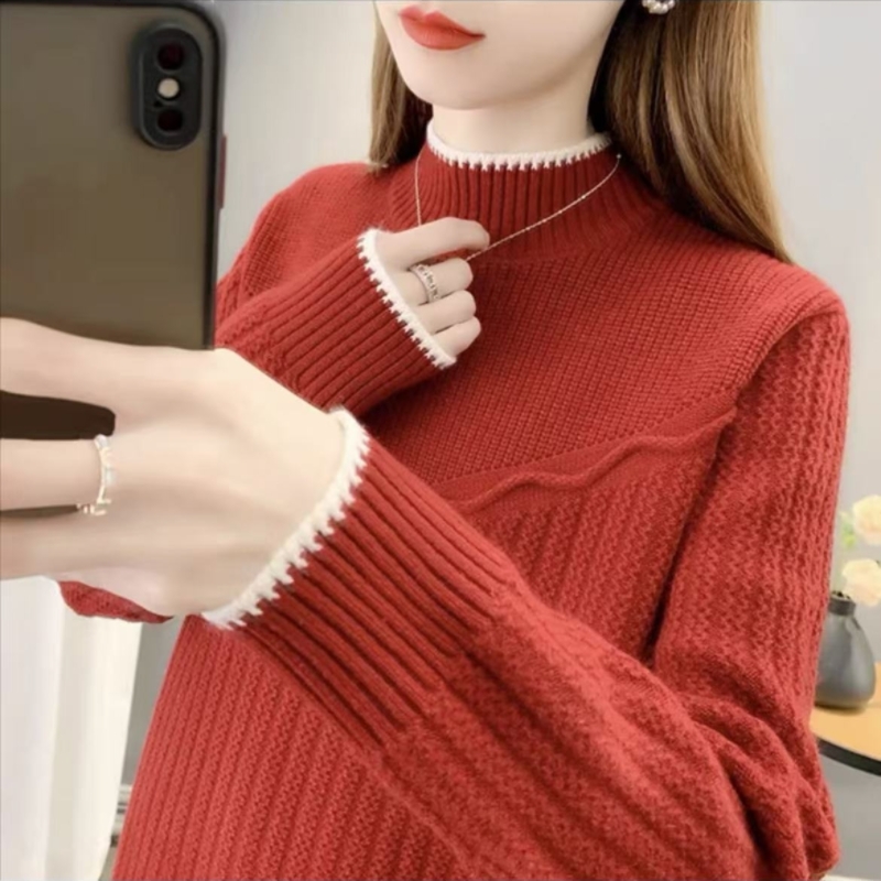 锦柬省钱风春秋半高领毛衣女款加厚新款打底衫内搭外穿宽松针织衫