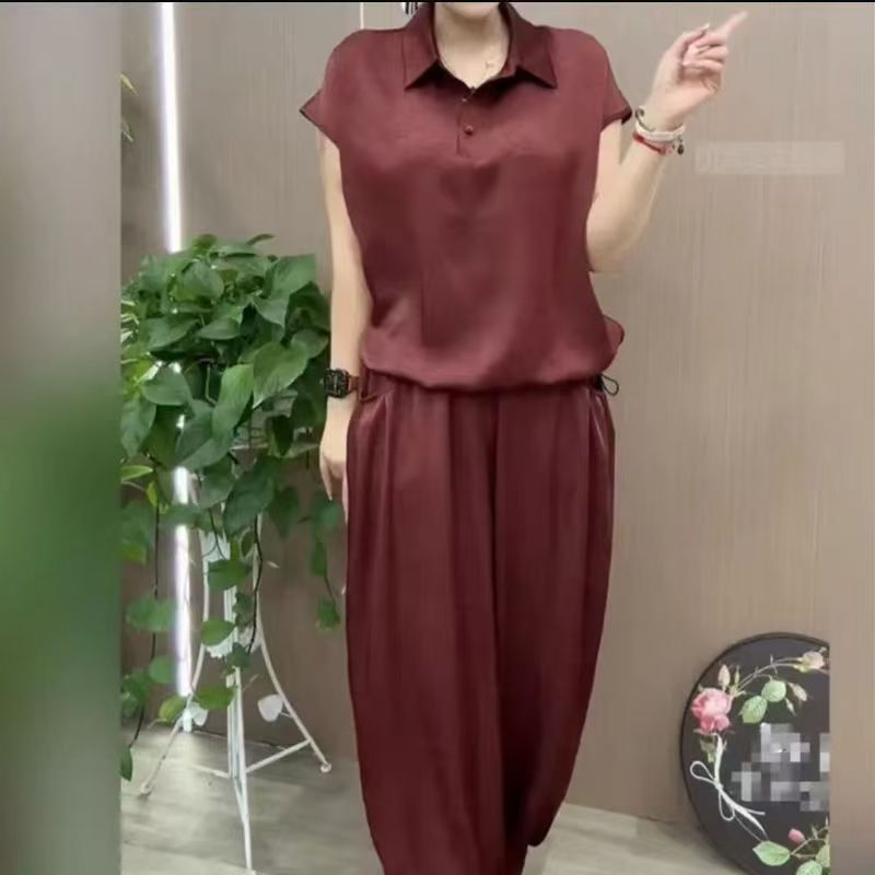 2025减龄时尚套装女夏季新款洋气休闲纯色显瘦两件套宽松妈妈装