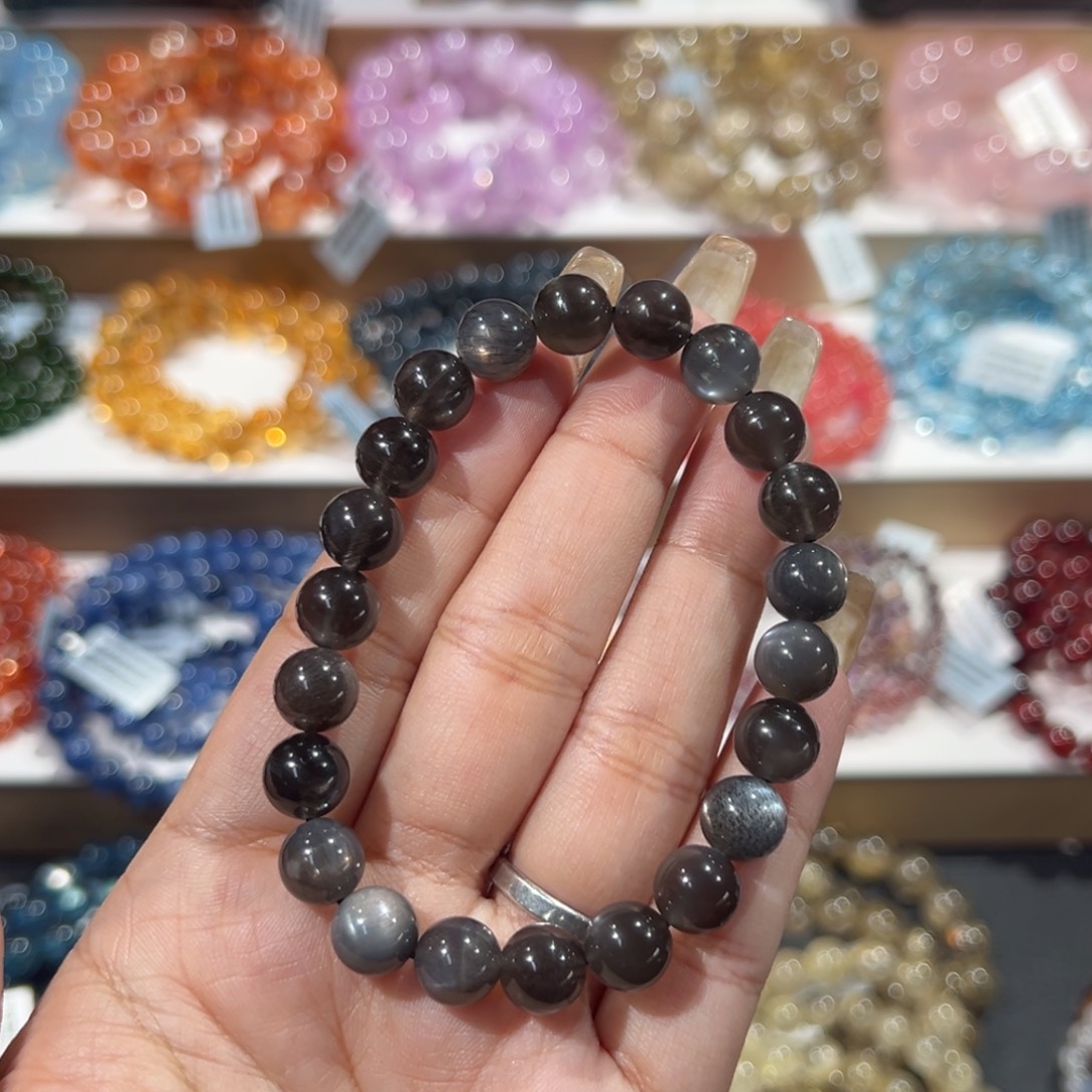 未镶嵌长石手串猫眼黑骨干9mm