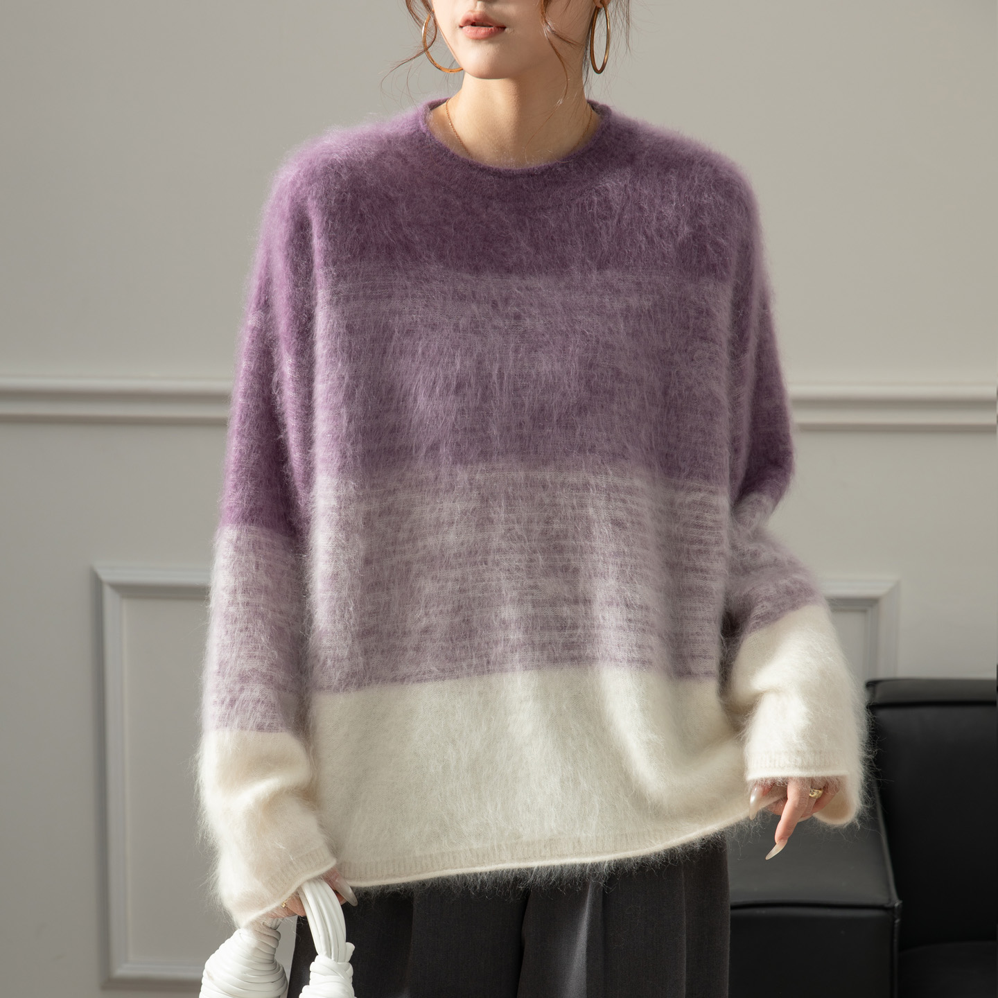 温柔休闲羊绒拉绒渐变色拼色圆领羊绒衫女百搭时尚100%山羊绒