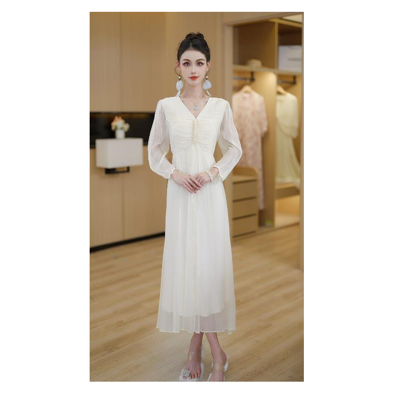 2025春季公主风法式优雅设计感收腰中长款连衣裙女
