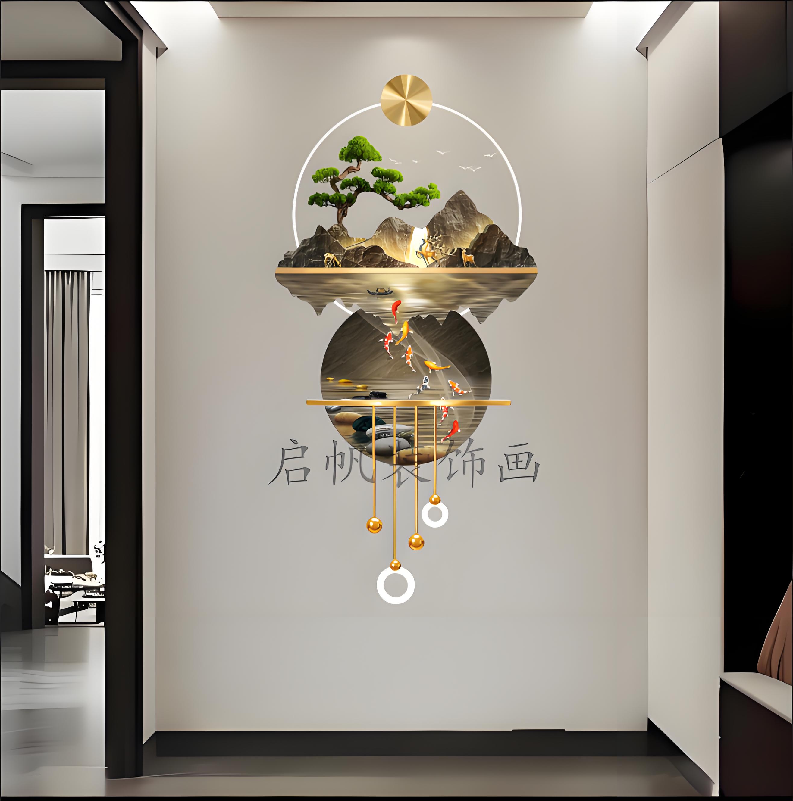 轻奢高档迎客松玄关装饰画新中式九鱼聚财入户门走廊2025过道挂画