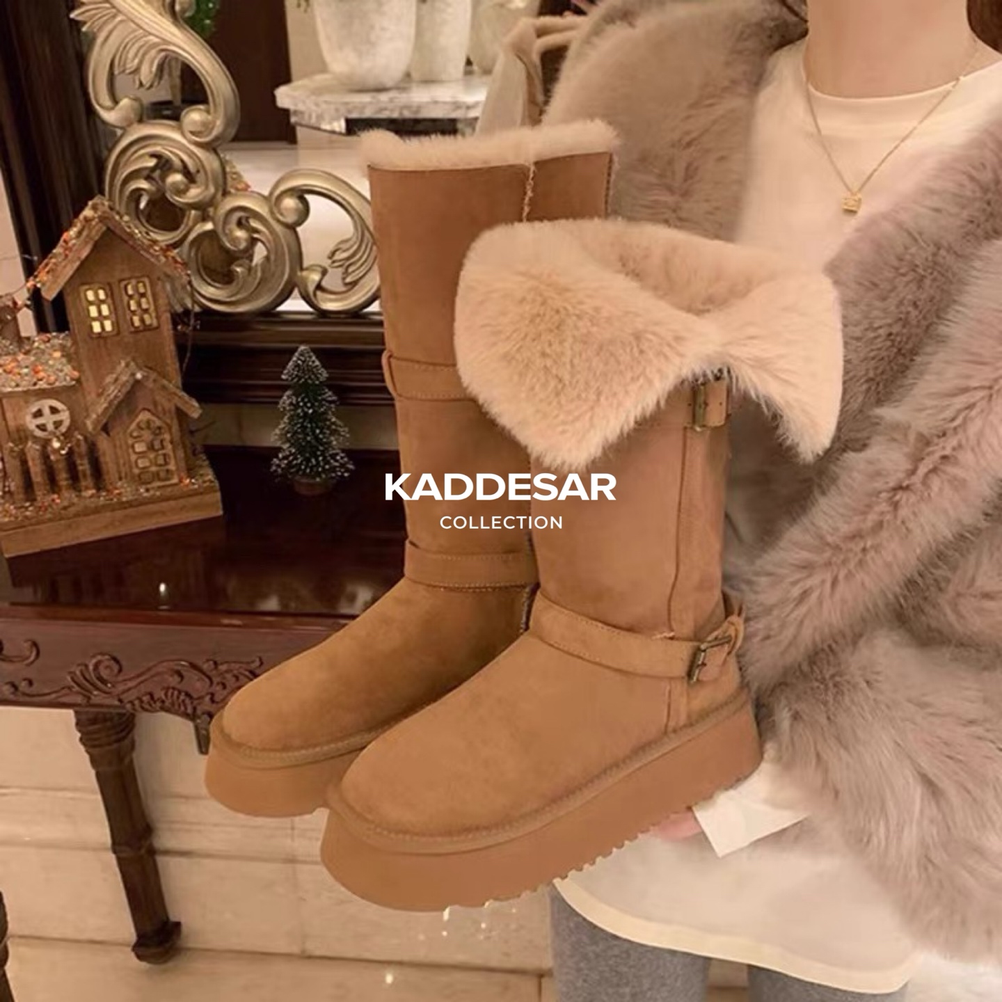 冬季新款加绒保暖厚底防滑高筒可翻折两穿骑士雪地靴女鞋