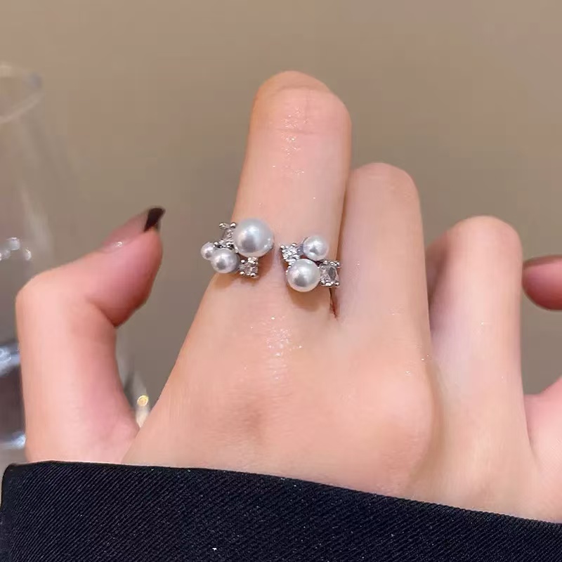 铜合金戒指 珍珠锆石开口戒指女轻奢高级感食指戒ins风个性指环
