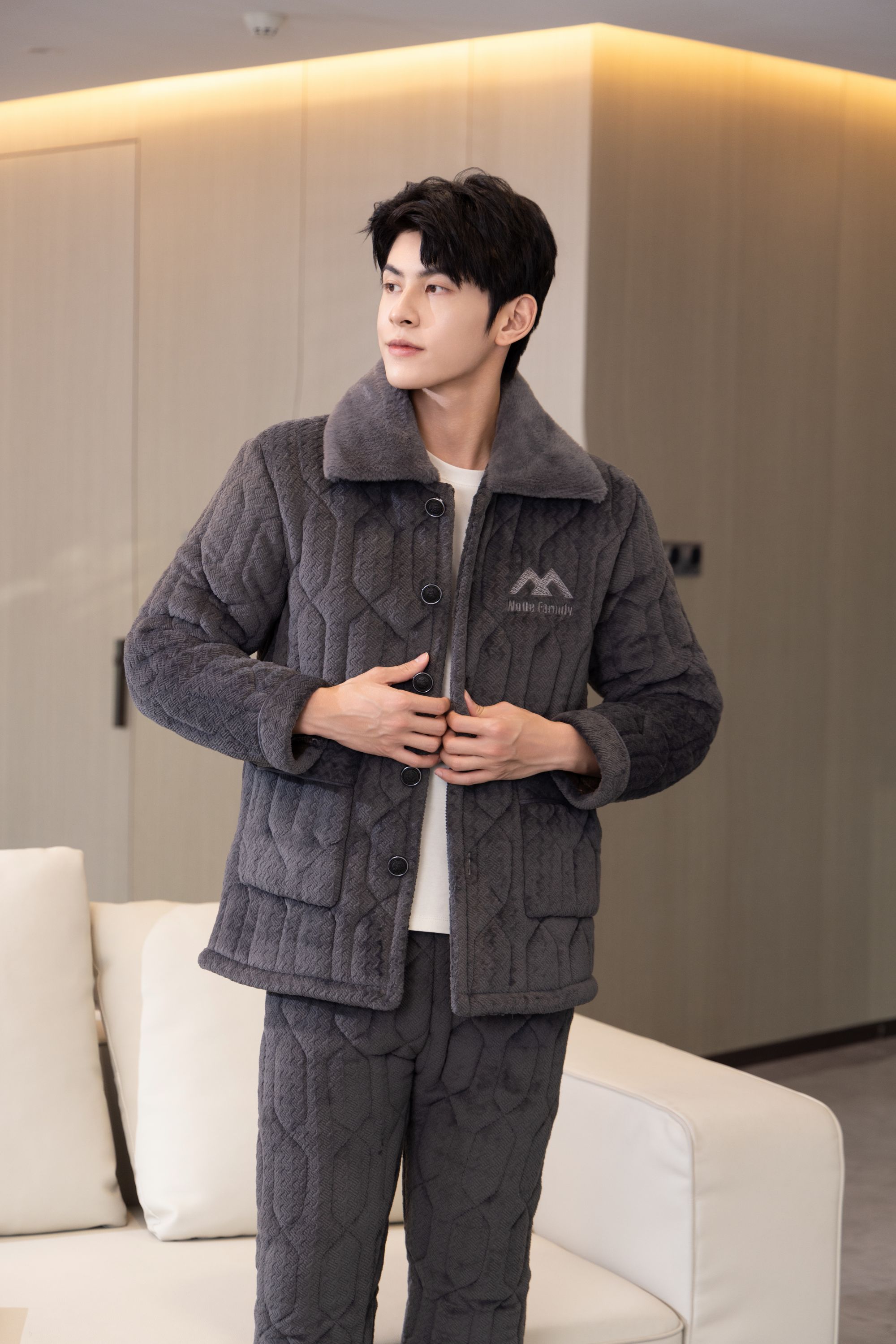 【新款特厚睡衣毛领款】冬季保暖男士三层夹棉特厚睡衣家居服