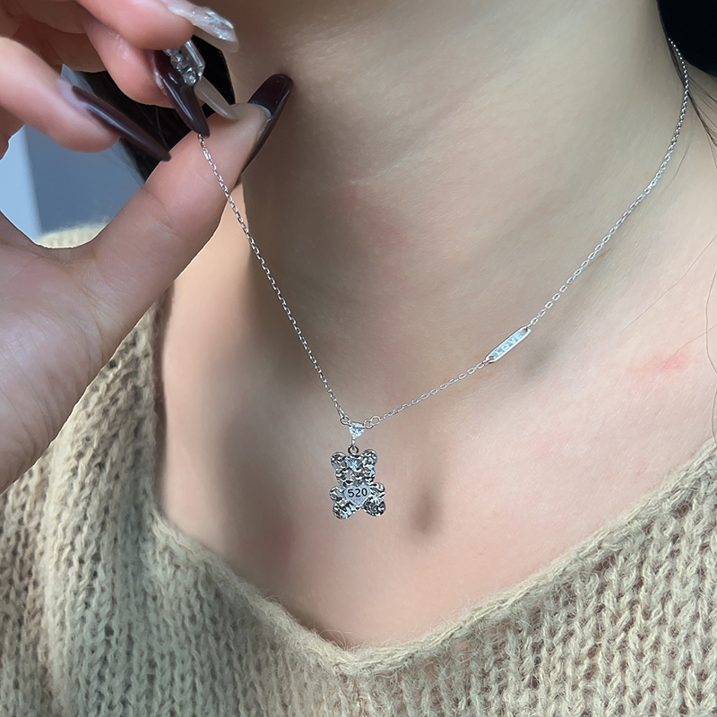 坠链均925银锆石 【小熊520】时尚设计小熊我爱你镶嵌925银项链